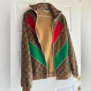 Gucci Brown Monogram Jacket with Red and Green Panels